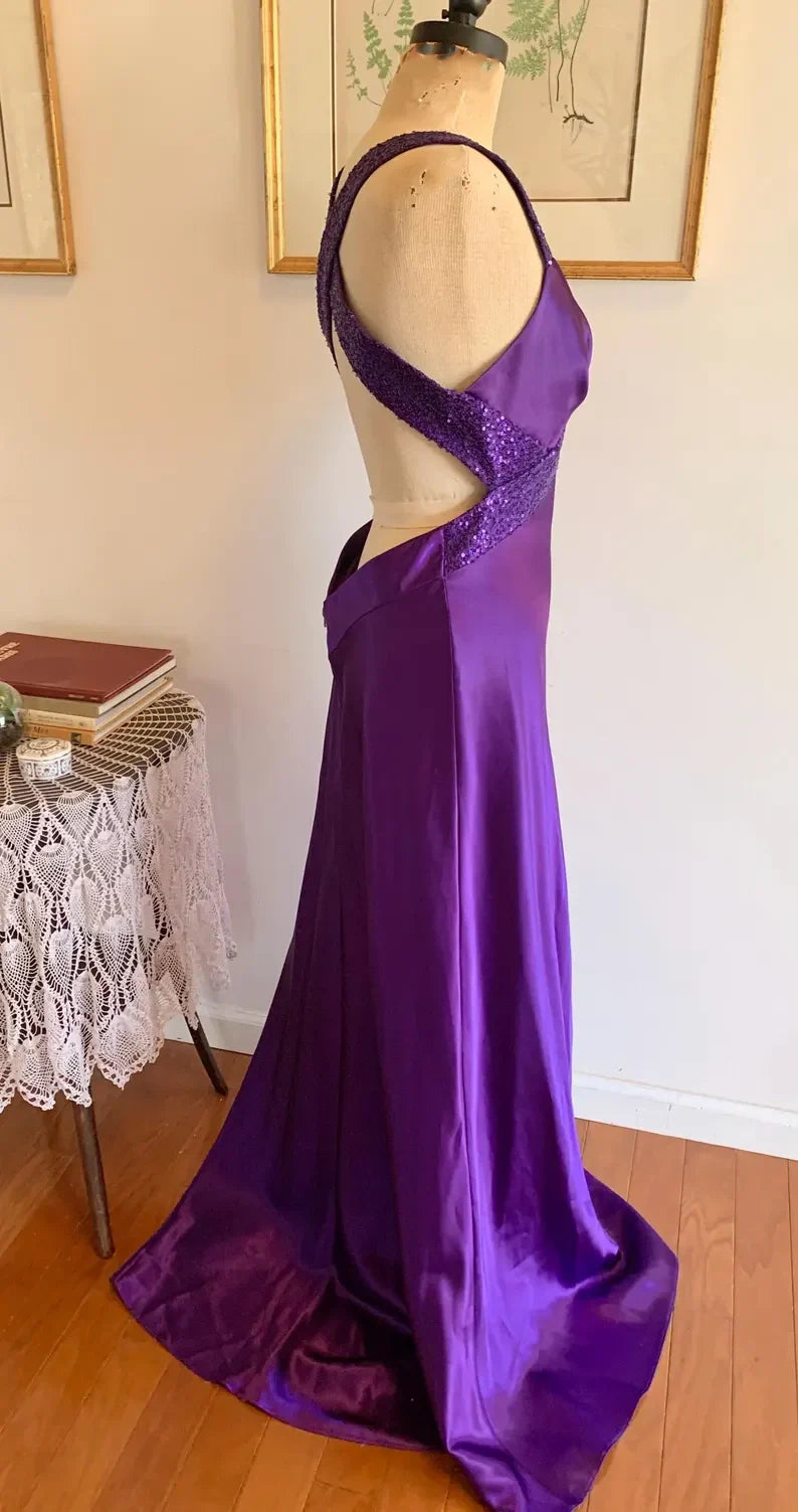 Purple Retro Fashion V-neck Elegant Exquisite Sequined Long Floor Length Satin Ball Gown Evening Dress Party; Dress gh3448