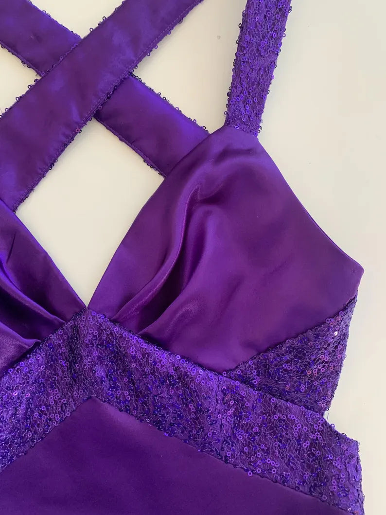 Purple Retro Fashion V-neck Elegant Exquisite Sequined Long Floor Length Satin Ball Gown Evening Dress Party; Dress gh3448
