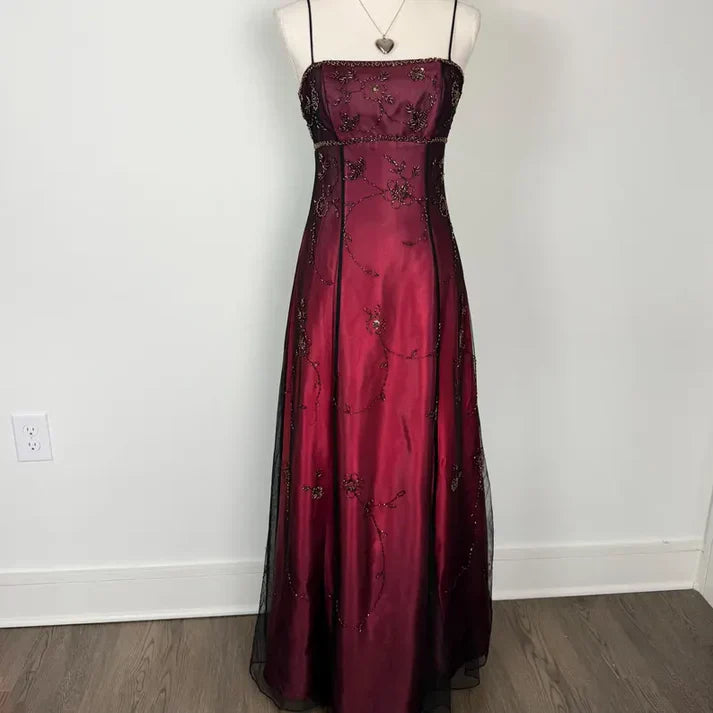 Vintage A Line Spaghetti Strap Beaded Black Chiffon Burgundy Satin Prom Dress Graduation Prom Dress SH2598