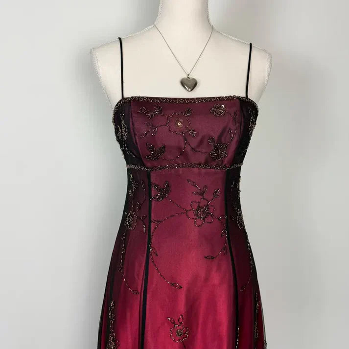 Vintage A Line Spaghetti Strap Beaded Black Chiffon Burgundy Satin Prom Dress Graduation Prom Dress SH2598