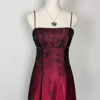 Vintage A Line Spaghetti Strap Beaded Black Chiffon Burgundy Satin Prom Dress Graduation Prom Dress SH2598