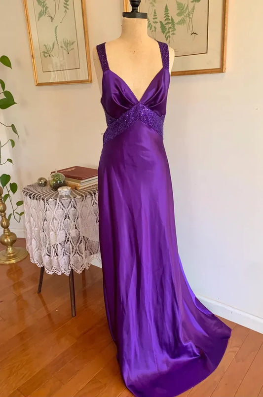 Purple Retro Fashion V-neck Elegant Exquisite Sequined Long Floor Length Satin Ball Gown Evening Dress Party; Dress gh3448
