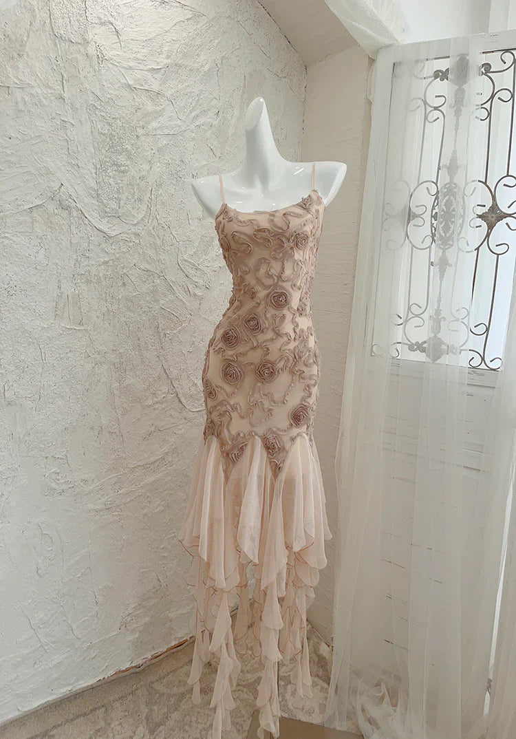 Light Pink Floral Ruffle Long Chiffon Ball Gown Evening Dress Birthday Party Dress gh4587
