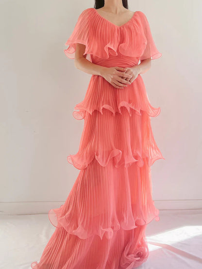 Coral Pink Layered Chiffon A Line V Neck Simple Long Party Dress Evening Dress 18 Birthday Dress SH3627