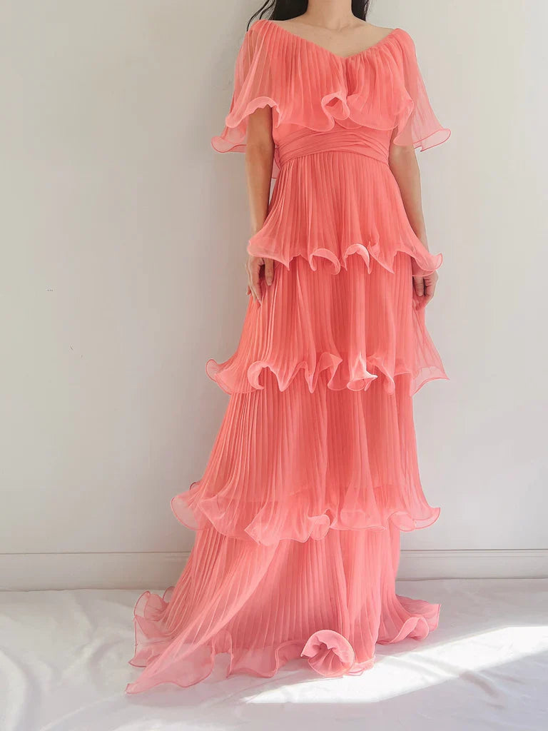 Coral Pink Layered Chiffon A Line V Neck Simple Long Party Dress Evening Dress 18 Birthday Dress SH3627