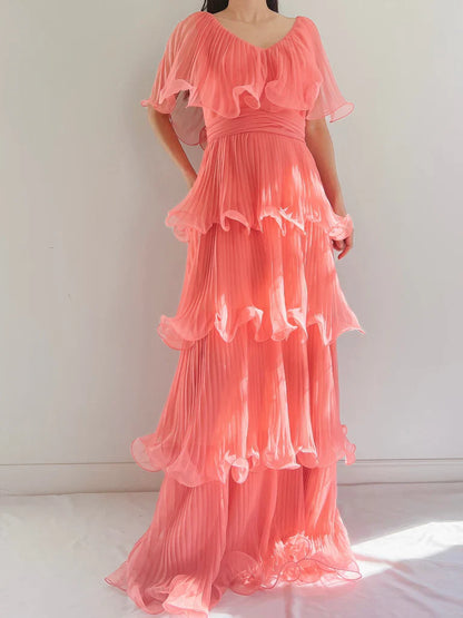 Coral Pink Layered Chiffon A Line V Neck Simple Long Party Dress Evening Dress 18 Birthday Dress SH3627