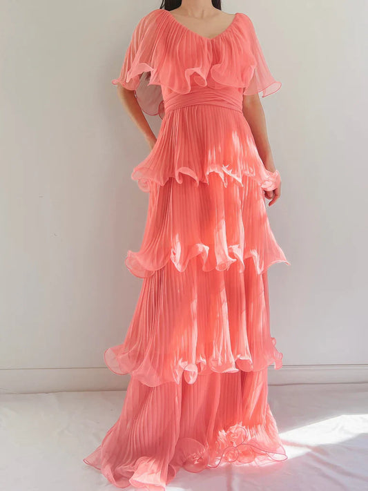 Coral Pink Layered Chiffon A Line V Neck Simple Long Party Dress Evening Dress 18 Birthday Dress SH3627