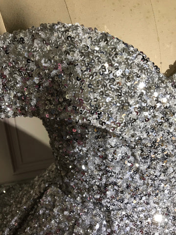 Silver Gorgeous Shiny Off-shoulder Sequin Long Princess Floor-length Ball Gown Evening Dress Wedding Dress gh3445