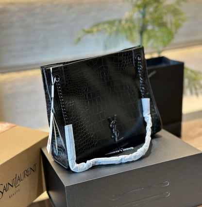 SAINT LAURENT NIKI shopping in crocodile-embossed leather