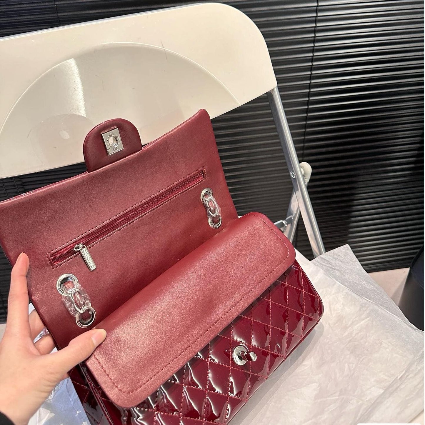 Chanel Classique patent leather red handbag