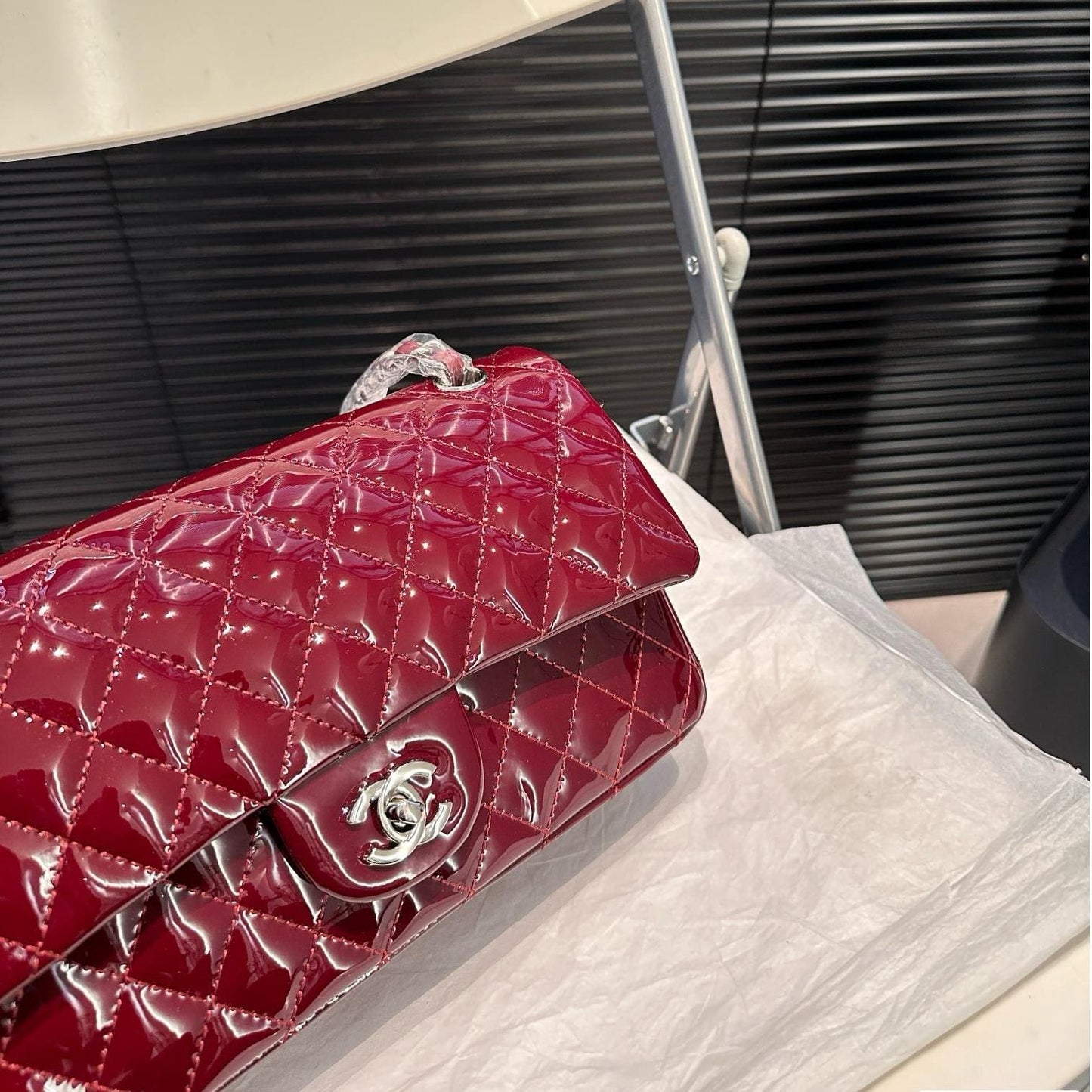 Chanel Classique patent leather red handbag