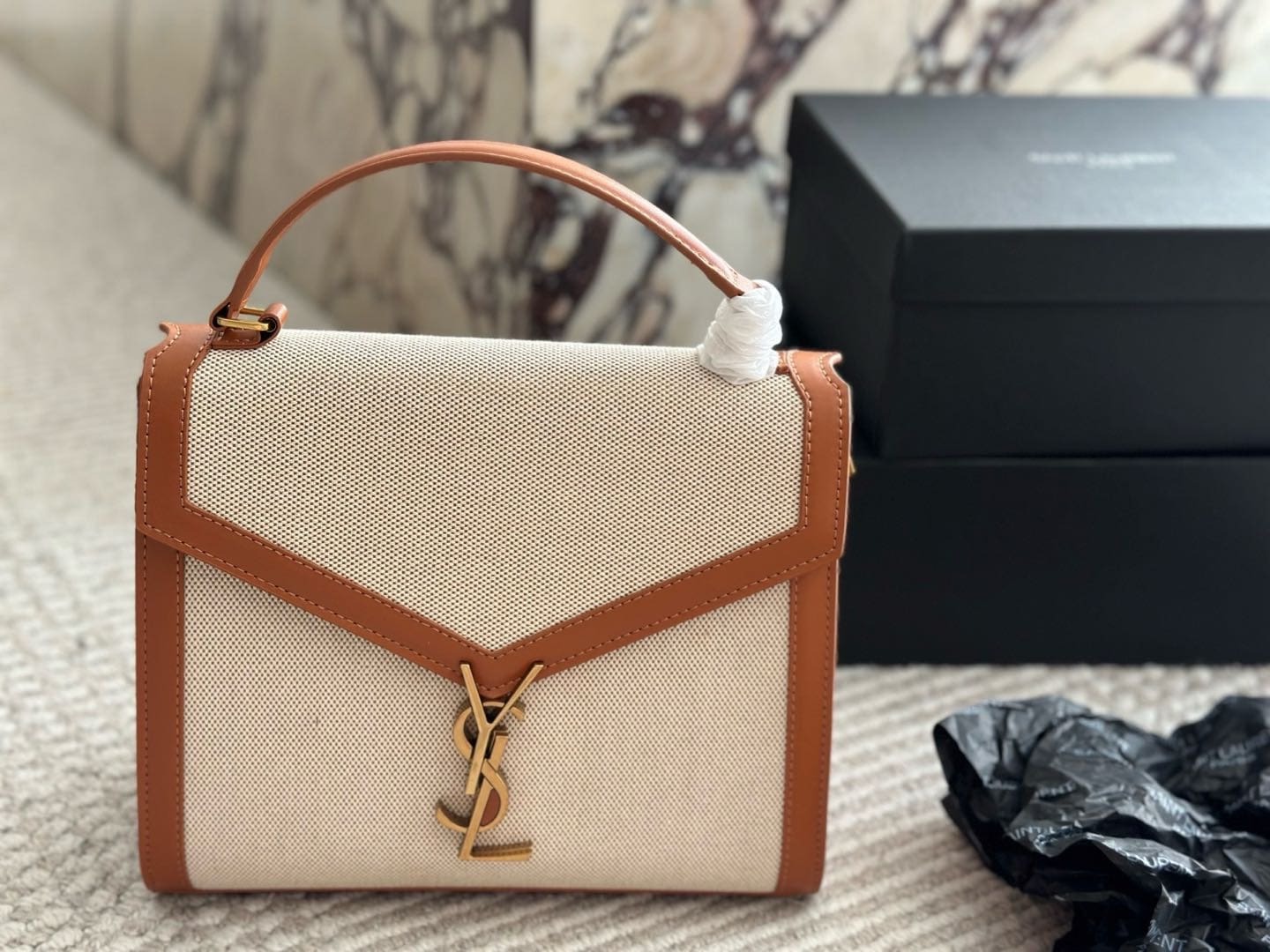 Saint Laurent Cassandra Top Handle Bag Canvas with Leather Medium