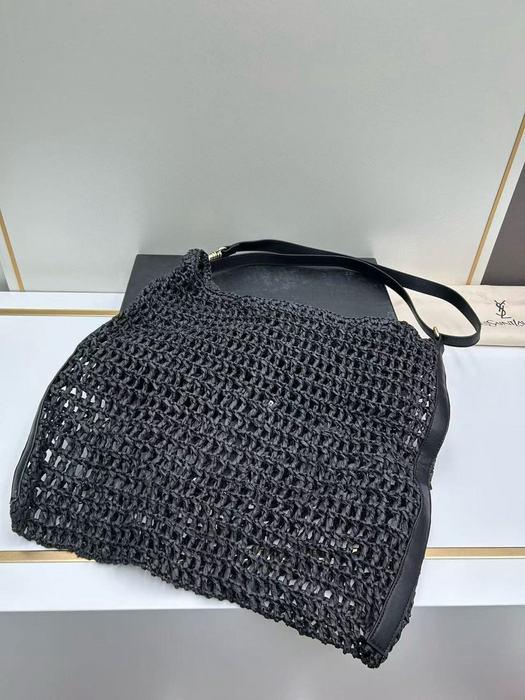 Saint Laurent Xalis YSL Shoulder Bag in Raffia Macrame