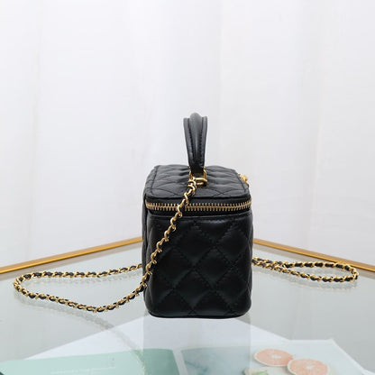 Chanel Lambskin Quilted Small Top Handle Vanity Case With Chain Black