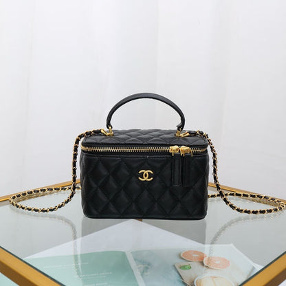 Chanel Lambskin Quilted Small Top Handle Vanity Case With Chain Black