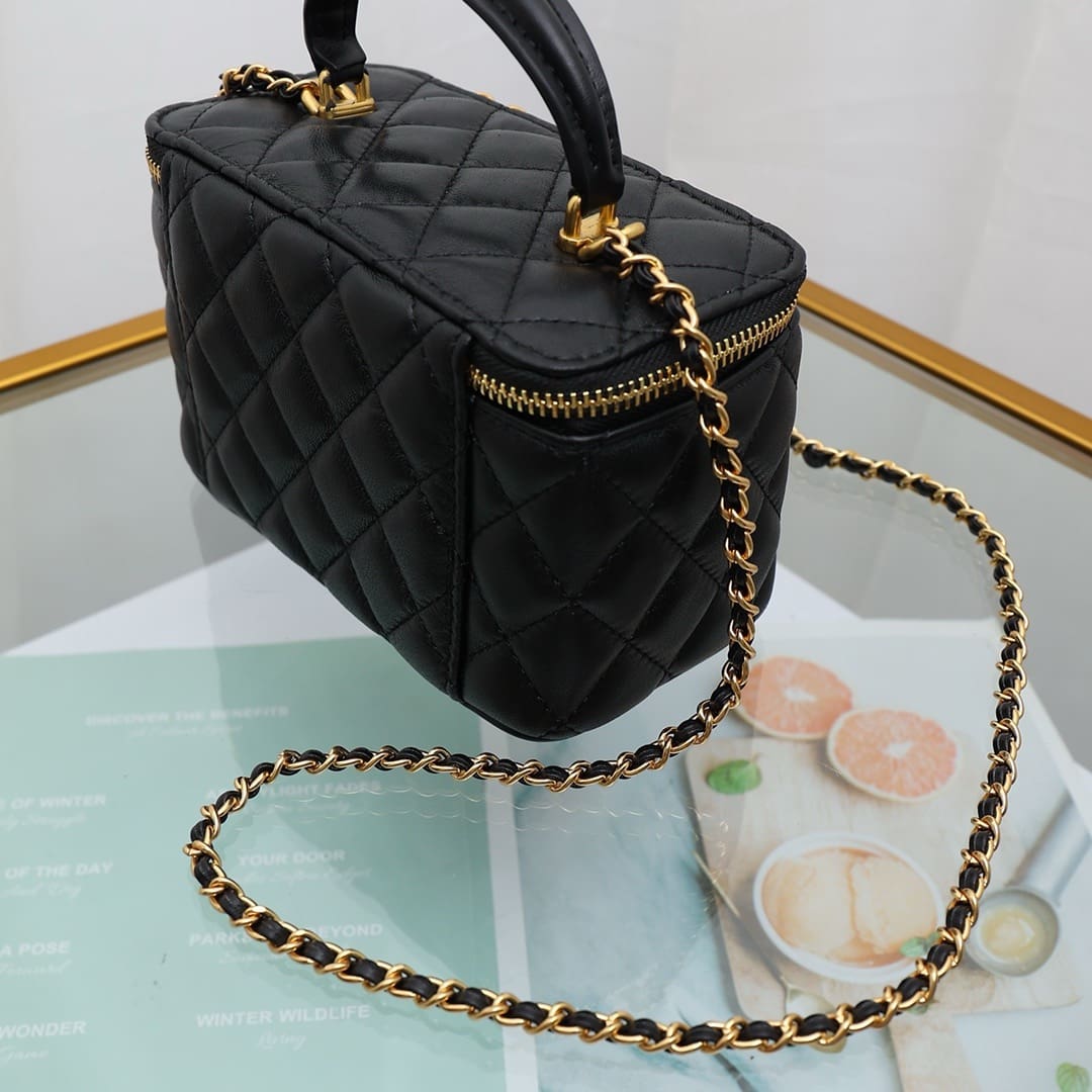 Chanel Lambskin Quilted Small Top Handle Vanity Case With Chain Black