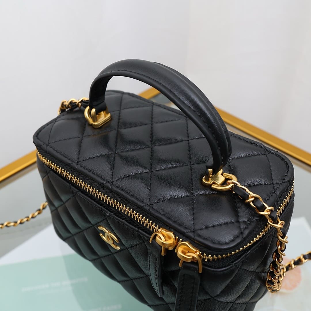 Chanel Lambskin Quilted Small Top Handle Vanity Case With Chain Black