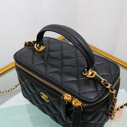 Chanel Lambskin Quilted Small Top Handle Vanity Case With Chain Black