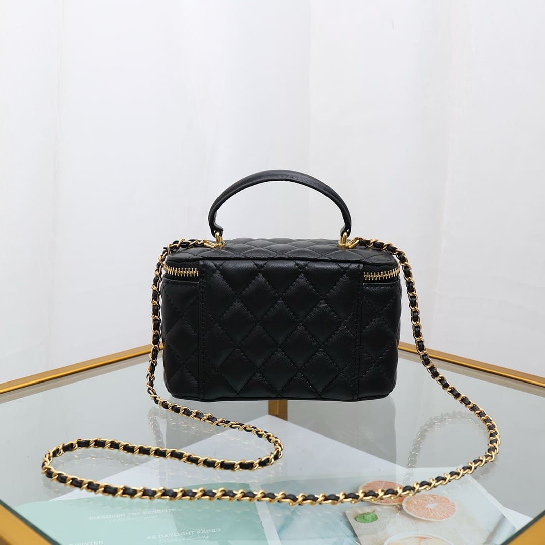 Chanel Lambskin Quilted Small Top Handle Vanity Case With Chain Black