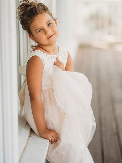 Ankle-Length Flower Girl Dresses Princess Formal Kids Dresses with Pearls