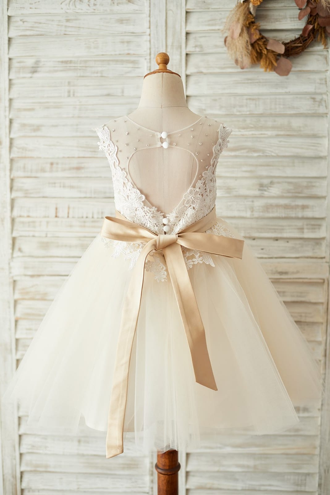 Ivory Lace Champagne Tulle Keyhole Back Wedding Party Flower Girl Dress