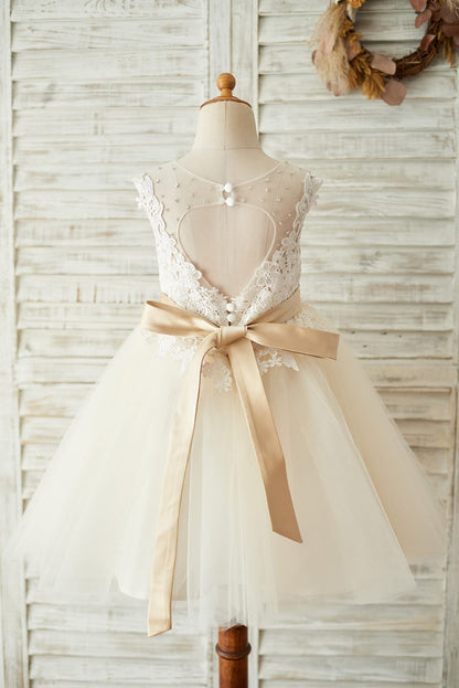 Ivory Lace Champagne Tulle Keyhole Back Wedding Party Flower Girl Dress