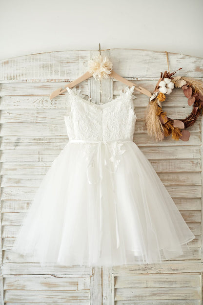 Lace Tulle Spaghetti Straps Wedding Flower Girl Dress with Beaded Belt