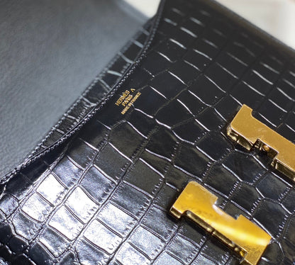 H CONSTANCE ALLIGATOR GOLD HARDWARE MINI BLACK FICELLE BAG 18CM