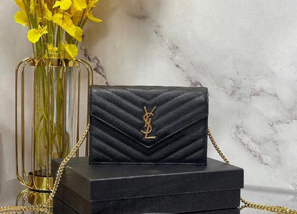 Saint Laurent CLASSIC CASSANDRE CHAIN WALLET IN GRAIN DE POUDRE LEATHER