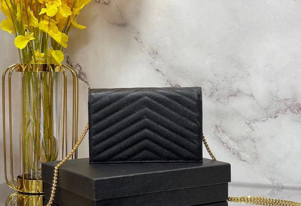 Saint Laurent CLASSIC CASSANDRE CHAIN WALLET IN GRAIN DE POUDRE LEATHER