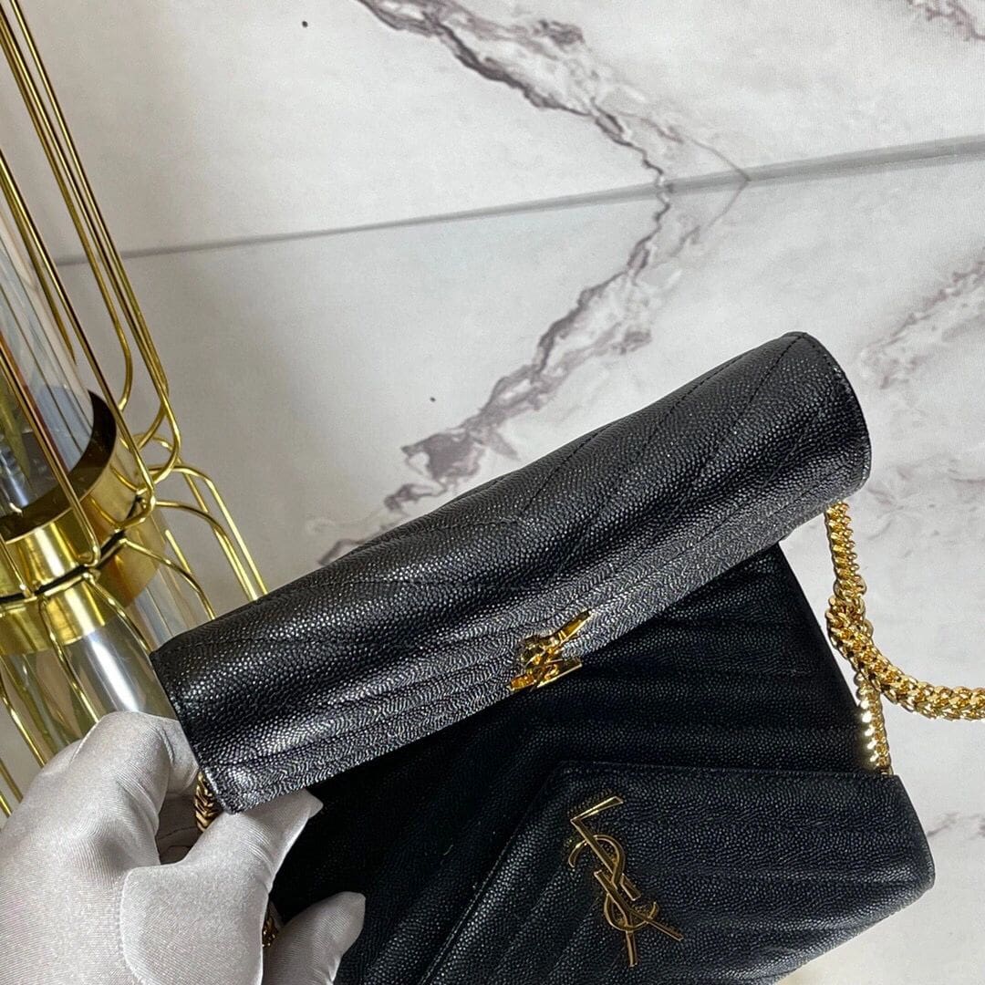 Saint Laurent CLASSIC CASSANDRE CHAIN WALLET IN GRAIN DE POUDRE LEATHER