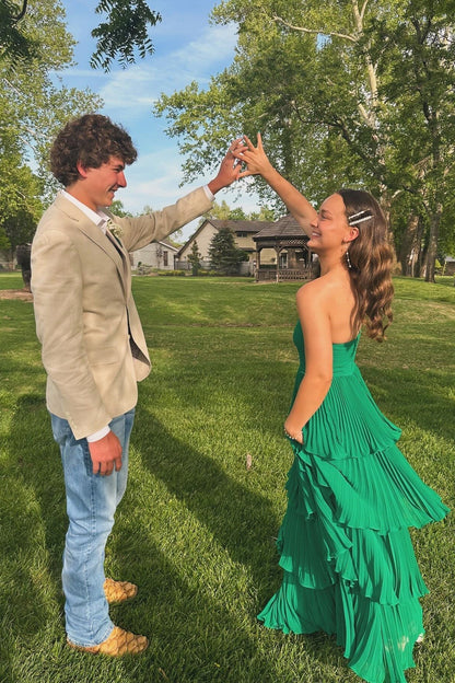 Strapless Pink Pleated Tiered A-line Long Dress Formal Gown