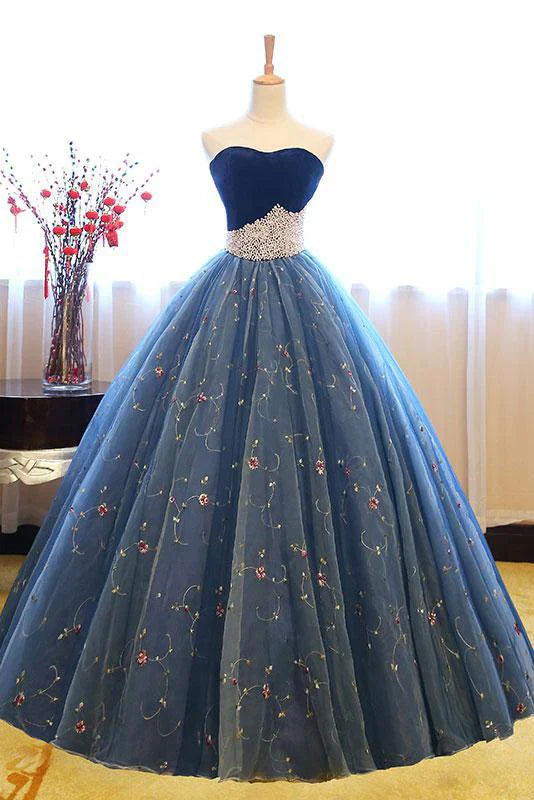 Blue shiny sweet cute charming exquisite floral tulle A-line long prom dress evening dress 16-year-old adult ceremony dress gh3554