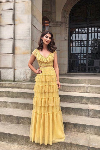 Yellow fashion unique ruffled V neck long floor length tulle ball gown evening dress gh2786