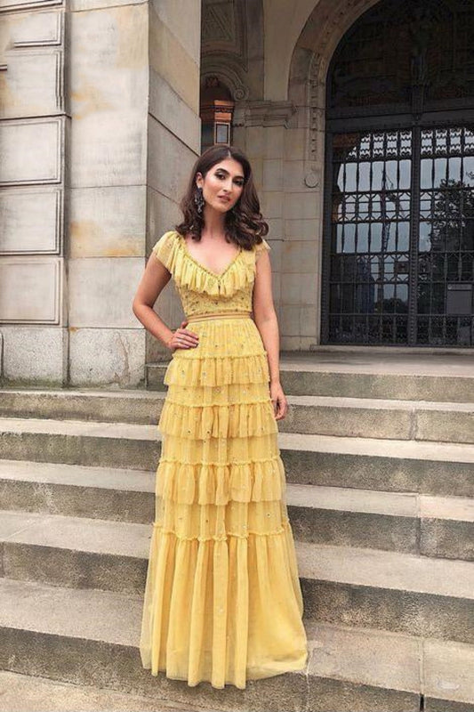 Yellow fashion unique ruffled V neck long floor length tulle ball gown evening dress gh2786