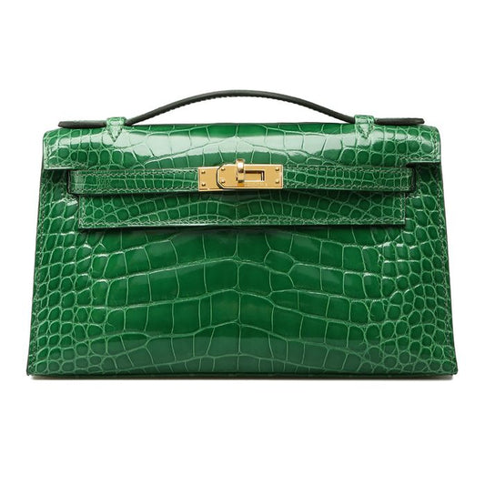 H MINI KELLY POCHETTE CROCODILE GOLD TONED HARDWARE GREEN 22CM