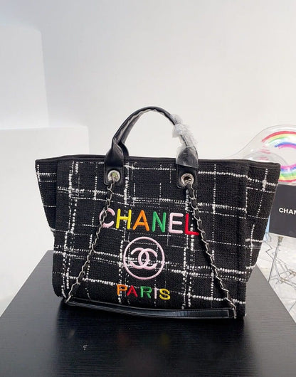 CHANEL Rainbow Black Tweed Deauville Tote Black