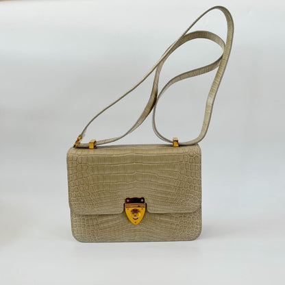 Kwanpen crocodile leather beige shoulder flap bag