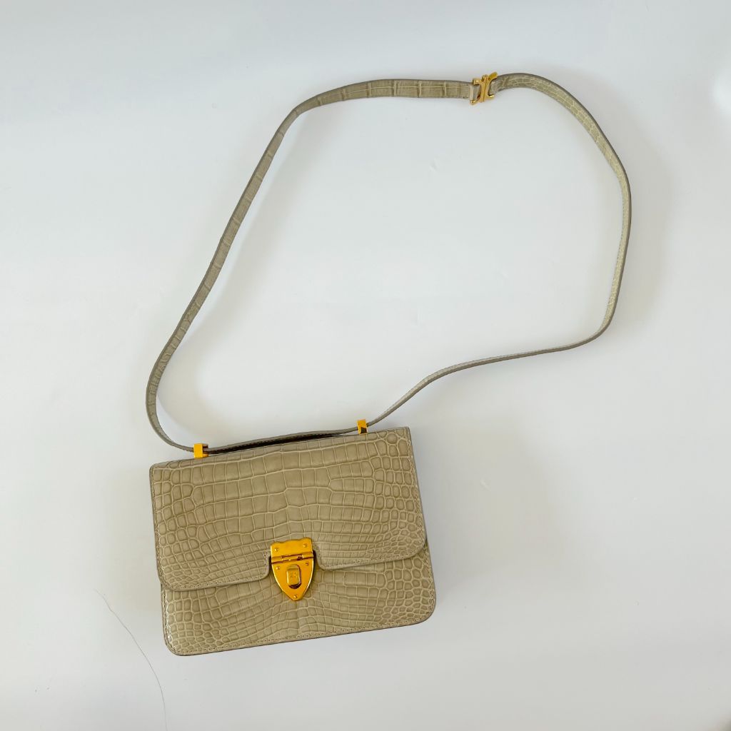 Kwanpen crocodile leather beige shoulder flap bag