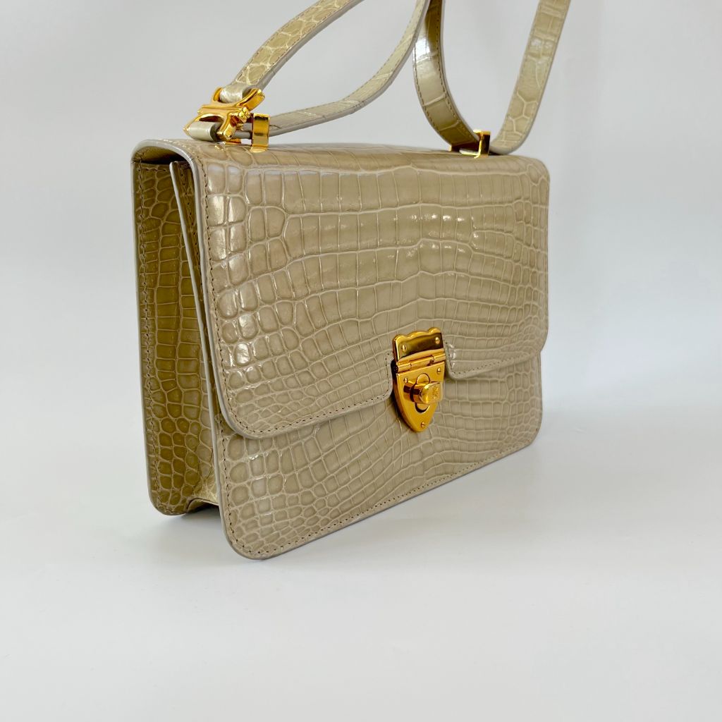 Kwanpen crocodile leather beige shoulder flap bag