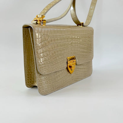 Kwanpen crocodile leather beige shoulder flap bag