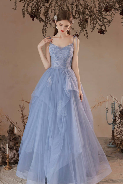 Blue Spaghetti Straps Lace Long Formal Dress, Blue A-Line Evening Party Dress