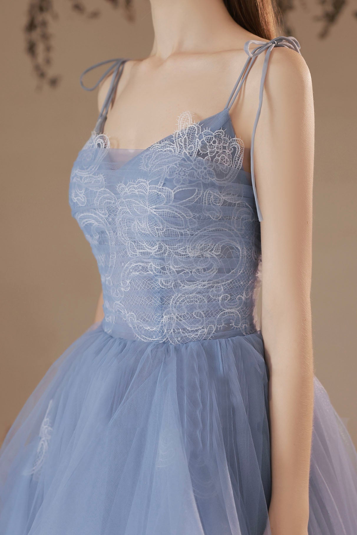 Blue Spaghetti Straps Lace Long Formal Dress, Blue A-Line Evening Party Dress