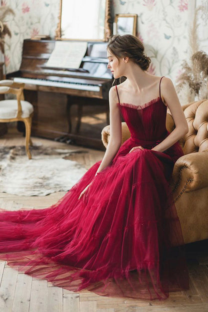 Burgundy Spaghetti Strap Long Formal Dress, A-Line Evening Party Dress