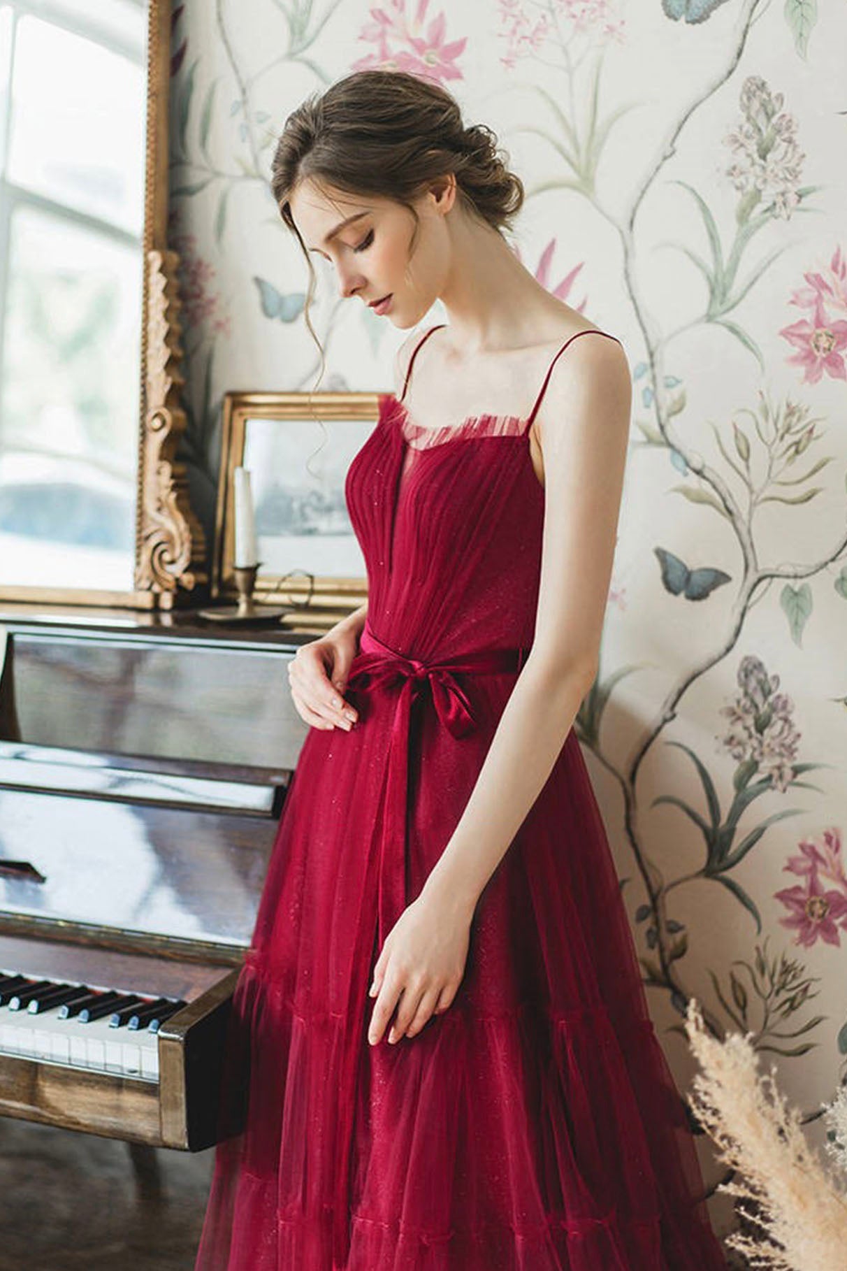 Burgundy Spaghetti Strap Long Formal Dress, A-Line Evening Party Dress