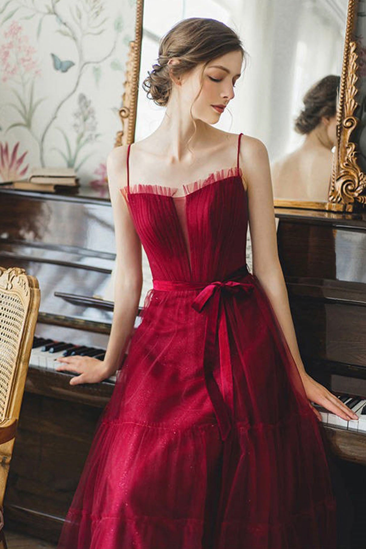 Burgundy Spaghetti Strap Long Formal Dress, A-Line Evening Party Dress