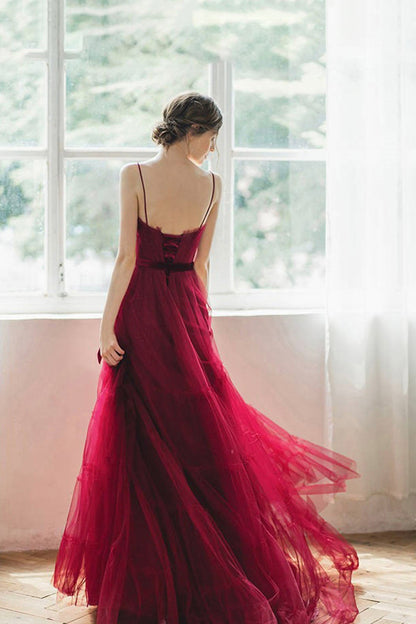 Burgundy Spaghetti Strap Long Formal Dress, A-Line Evening Party Dress