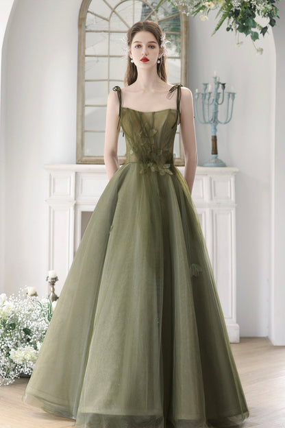 Green Spaghetti Strap Tulle Long Prom Dress, Cute A-Line Evening Dress Party Dress