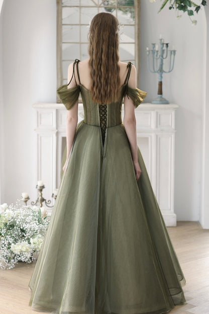 Green Spaghetti Strap Tulle Long Prom Dress, Cute A-Line Evening Dress Party Dress