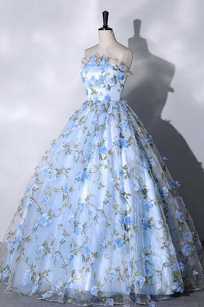 Blue Strapless Tulle Long Prom Dress, A-Line Evening Dress Party Dress